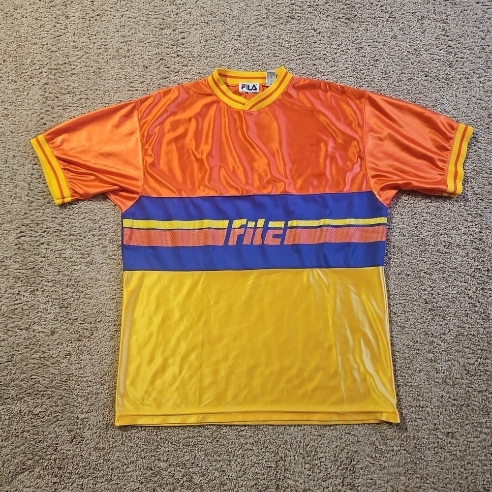 Fila Jersey Shirt Mens Large 90s Hip Hop Rap Orange Yellow Blue Colorblock